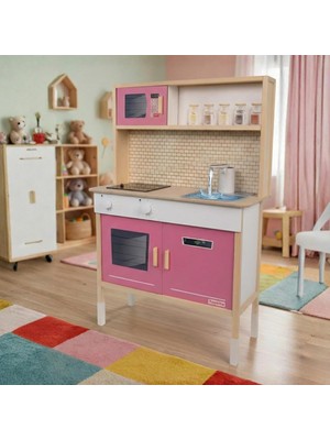 OEM Su Akan Musluklu ve LED Işıklı Ahşap Çocuk Oyuncak Mutfak Seti - Pembe Büyük Boy Montessori Eğitici Mutfak