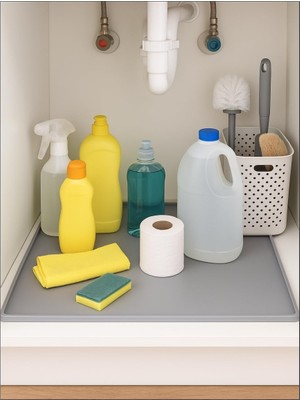 OEM Su Geçirmez Silikon Lavabo Altı Matı (60X40 Cm) - Mutfak ve Banyo Tezgah Altı Koruyucu Düzenleyici, Sızıntı Önleyici Yükseltilmiş Kenar,havuzlu, Gri Renk