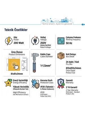 Teletek Dokunmatik Vavien Merkez Anahtarı 250V 250W Nötr Bağlantısız Fotoğraf Eklenebilir
