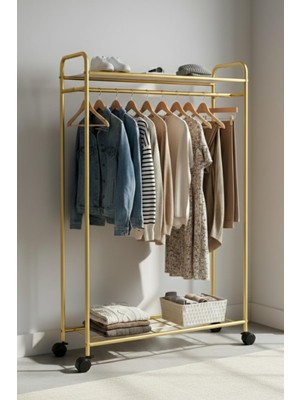 OEM Yıldıznewhomegold Tekerli Modern Metal Elbise Askılığı - Katlı Raflı Portatif Giysi Standı, Gold Renk