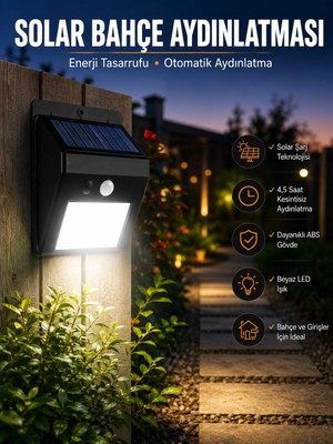Belle Fusion Mey Ithalat® Solar Lamba Giriş, Bahçe Yol Avlu Hareket Sensörlü LED Parlak Gece Su Geçirmez