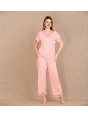 Aesco Arias Closet Viskon Şık Tasarım Dantel Işlemeli Açık Pembe Kısa Kol Pijama Takımı