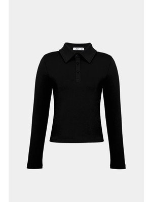 Açelya Okcu Premium Polo Yaka Vatka Detaylı Pamuklu Fit Tişört
