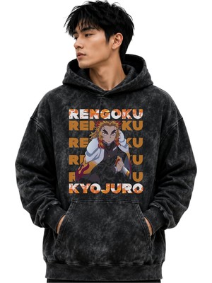 Sevbano Rengoku Kyojuro Anime Baskılı Unisex Oversize Yıkamalı Premium Hoodie Sweatshirt