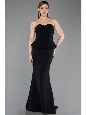 Abiyefon Straplez Taşlı Peplum Uzun Balık Abiye Elbise ABU6192