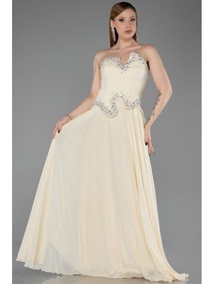 Abiyefon Taşlı Asimetrik Straplez Peplum Uzun Şifon Abiye ABU6188