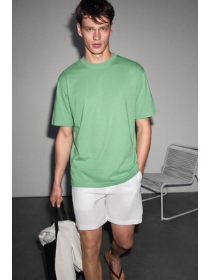 Grimelange Solo Erkek %100 Organik Pamuklu Kalın Dokulu Comfort Fit Bisiklet Yakalı Lime T-Shirt