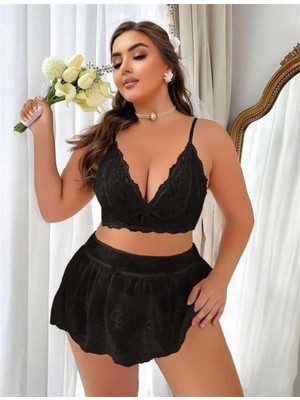 Aesco Arias Closet Özel Tasarım Büyük Beden Siyah Dantel Işlemeli Fantezi Mini Etekli Sütyen Takımı