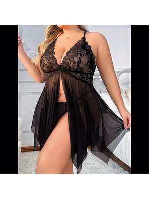 Aesco Arias Closet Siyah Tül Büyük Beden Transparan Fantezi Gecelik