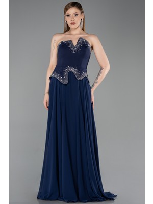 Abiyefon Taşlı Asimetrik Straplez Peplum Uzun Şifon Abiye ABU6188