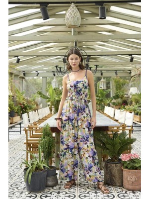 Aesco Arias Closet Çiçek ve Yaprak Desenli Ip Askılı Tulum