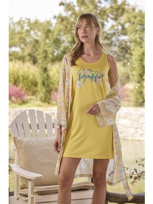 Aesco Arias Closet Çiçek ve Yaprak Desenli ve Baskılı "you Are Beautiful" Sabahlık Takımı