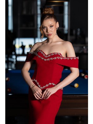 Abiyefon Taş Işlemeli Peplum Uzun Balık Abiye Elbise ABU6198
