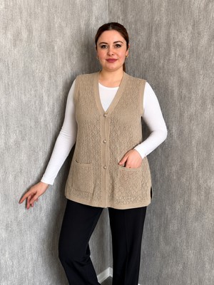 Modaplaza Kadın Büyük Beden Baklava Dilim Düğmeli Triko Yelek