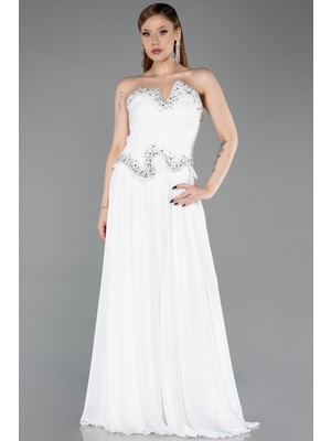 Abiyefon Taşlı Asimetrik Straplez Peplum Uzun Şifon Abiye ABU6188