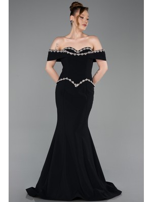 Abiyefon Taş Işlemeli Peplum Uzun Balık Abiye Elbise ABU6198