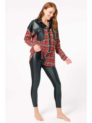 Aesco Arias Closet Pamuklu Ekose Çıtçıtlı Uzun Kol Cepli Gömlek ve Deri Görünümlü Tayt Takımı