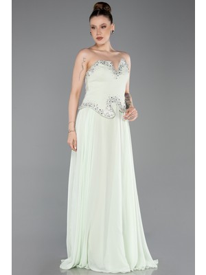 Abiyefon Taşlı Asimetrik Straplez Peplum Uzun Şifon Abiye ABU6188