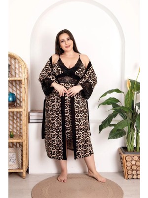 Aesco Arias Closet Büyük Beden Leopar Desenli Dantel Işlemeli 2'li Gecelik Sabahlık Takımı