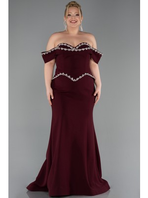 Abiyefon Taş Işlemeli Peplum Uzun Büyük Beden Abiye ABU6199