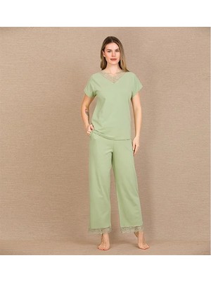 Aesco Arias Closet Pamuklu Şık Tasarım Dantel Işlemeli Yeşil Kısa Kol Pijama Takımı