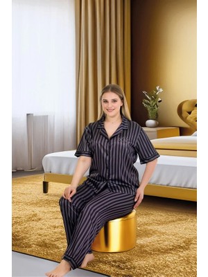 Aesco Arias Closet Büyük Beden Şık Tasarım Siyah Çizgili Düğmeli Kısa Kol Lüx Saten Pijama Takımı