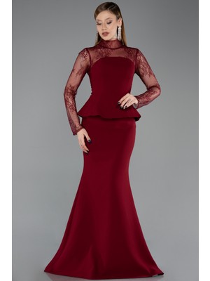 Abiyefon Dantelli Uzun Kol Peplum Balık Abiye Elbise ABU6194