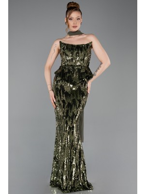 Abiyefon Straplez Yaka Peplum Uzun Pullu Abiye Elbise ABU6202