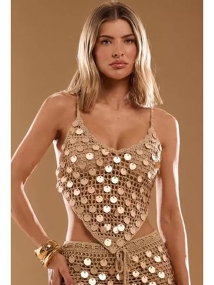 Hace Bazaar Kadın Bej Payetli Tek Üst Crop-Üst Bikini Üstü-Plaj Giyim Yazlık Festival Rave Party Kombin