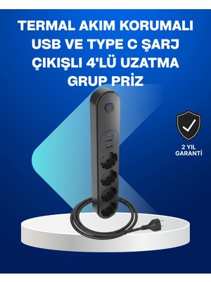 Zenvia Znv Akıllı Akım Dengelemeli 4’lü Çoklu Priz Type-C ve USB Çıkışlı ZNV2029