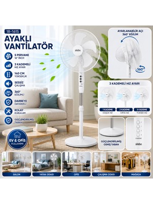 Zenviaa Beyaz 5 Pervane - 16 Inc Ev - Ofis Kompakt - Sessiz - Üç Kademe 140CM Yükseklik Ayaklı