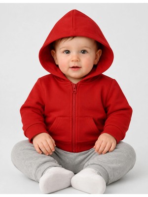 Organickid Basic Bebek Kırmızı Kapüşonlu Sweatshirt
