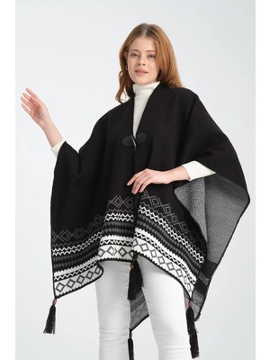 Wega Moda Vega Moda Etnik Desenli Panço, Balıkçı Dikişli Düğme Detaylı Panço, Dış Giyim Panço, Triko Örğü Şık Panço