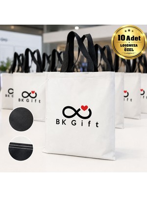 BK Gift Logonuza Özel 10 Adet Ekonomik Siyah Saplı Çift Renk Bez Çanta 35X40 cm Baskılı Set