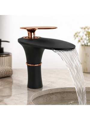 Badem10 Dellora Riva Kısa Lavabo Bataryası Mat Siyah & Rose Gold Lüks Tasarım Pirinç Gövde 18 cm Banyo