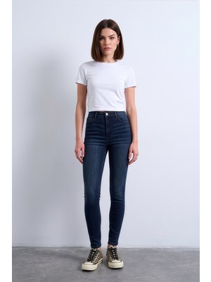 Markapia Kadın Koyu Mavi Yüksek Bel Slim Fit Likralı Jean Pantolon