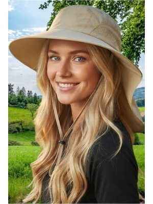 Uniquetrenders Kadın Ense Korumalı Geniş Siperlikli Rüzgar Ipli Fileli Safari Şapka Outdoor Güneş Şapkası