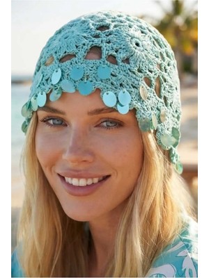 Uniquetrenders Kadın Pul Süslemeli Örgü Bere File Dokulu Bohem Plaj ve Yazlık Bandana