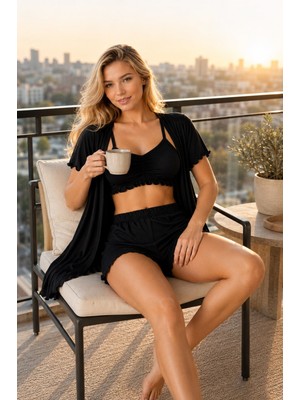 Seamlife Kadın Crop Kısa Kol Hırkalı Fırfır Detaylı %100 Pamuk Yazlık Mini Şortlu Pijama Takımı- Çeyizlik 3 Parça Set