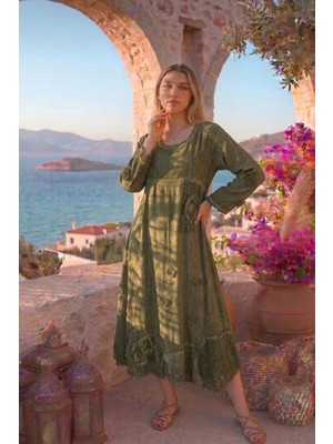 Bohemania Antik Görünümlü Taşlanmış Pamuk Otantik Uzun Elbise