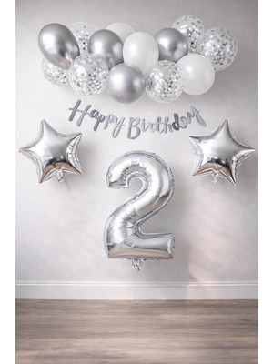 Teknocan Marketing Gumus Konsept Dogum Gunu Kutlama Seti Beyaz Gumus Konfetili Balon Rakam Yıldız Folyo ve Banner (2 Yaş)