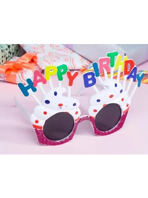 Happy Birthday Yazılı Beyaz Fuşya Renk Beyaz Pastalı Parti Gözlüğü 12X7 cm