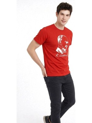 Tarz Yeri Erkek Atatürk Baskılı Tişört Kısa Kollu Bisiklet Yaka T-Shirt - Kırmızı