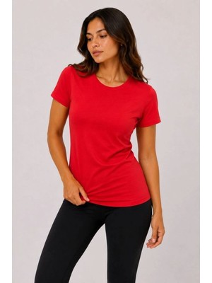 Hsc Bilişim Kadın Basic Tişört Bisiklet Yaka Kısa Kol Günlük Yazlık Slim fit T-Shirt - Kırmızı