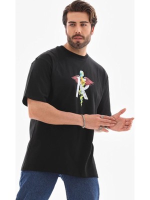 Tarz Yeri Erkek Baskılı T-Shirt Kısa Kol Bisiklet Yaka Regular Fit Rahat Kalıp Tişört -  Siyah