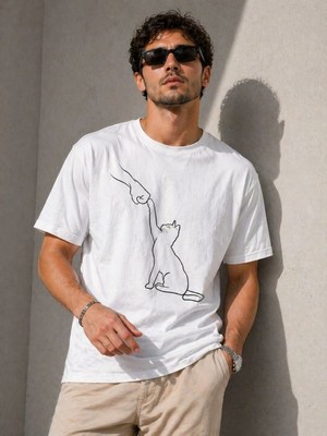 Tarz Yeri Erkek Minimal Kedi Çizim Baskılı Tişört Kısa Kol Yazlık T-Shirt - Beyaz