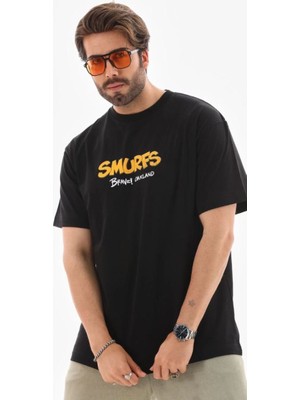 Tarz Yeri Erkek Kısa Kol Yazlık Tişört Bisiklet Yaka Baskılı Oversize T-Shirt - Siyah