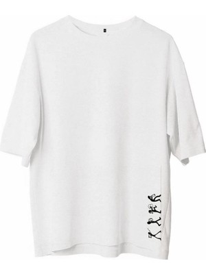 Erkek  Bisiklet Yaka Baskılı Oversize T-Shirt - Beyaz