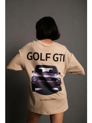 Kadın Oversize Tişört Golf GTI Retro Araba Baskılı T-shirt - Bej