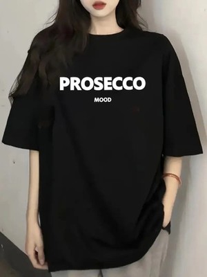 Tarz Yeri Kadın Kısa Kol Yazlık Tişört Bisiklet Yaka Baskılı Oversize T-Shirt - Siyah